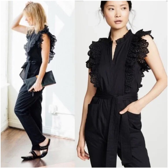 Apiece Apart Black Ruffle Jumpsuit Eyelet Size 0 Belted Pockets Minimalist Boho - Picture 2 of 10